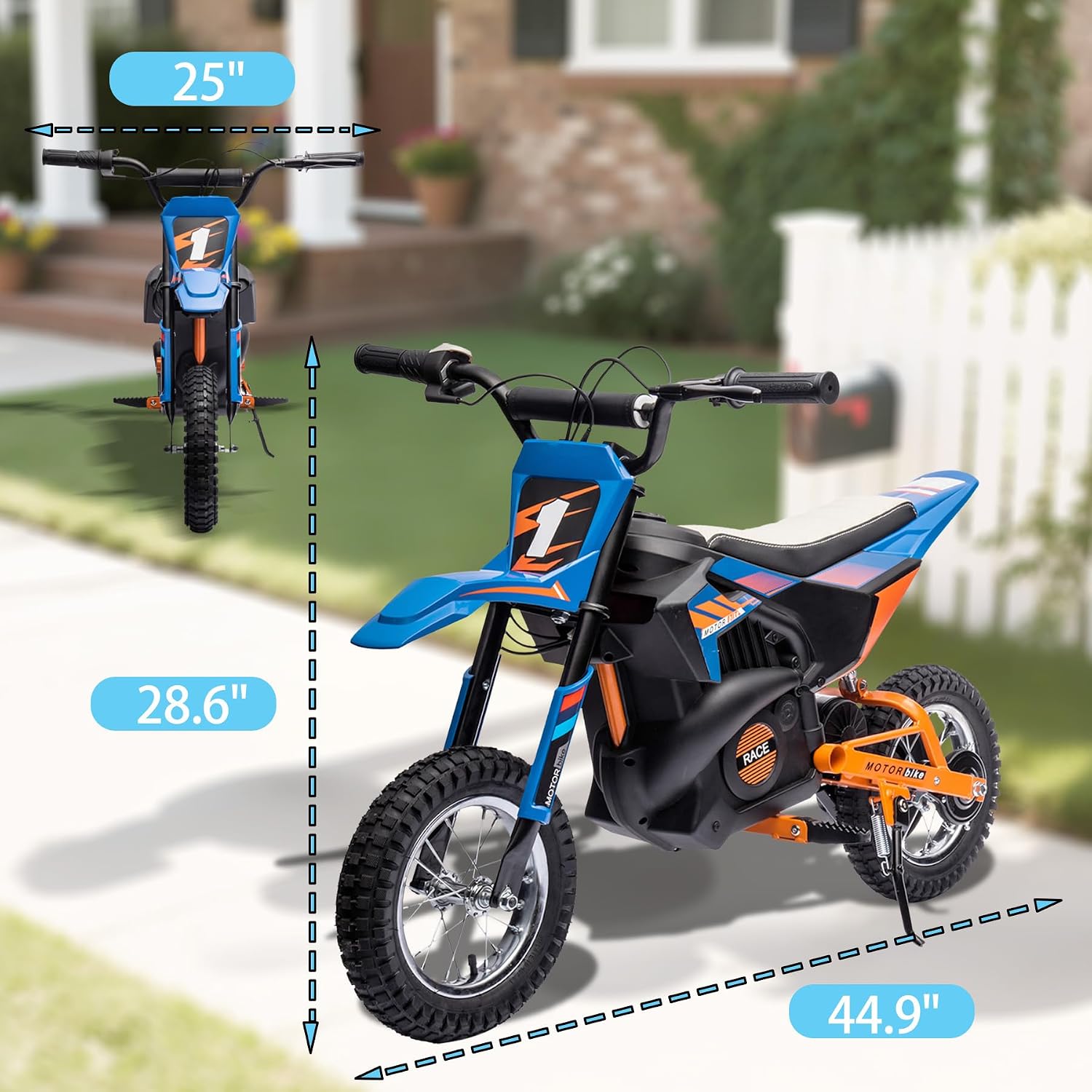 24V Electric Dirt Bike for Kids, 250W Strong Motor 13.6MPH Fast Speed Electric Off-Road Motorcycle, Mini Dirt Bike with Rear Wheel Suspension, Chain-Driven, Leather Seat, Disc Brake, Blue