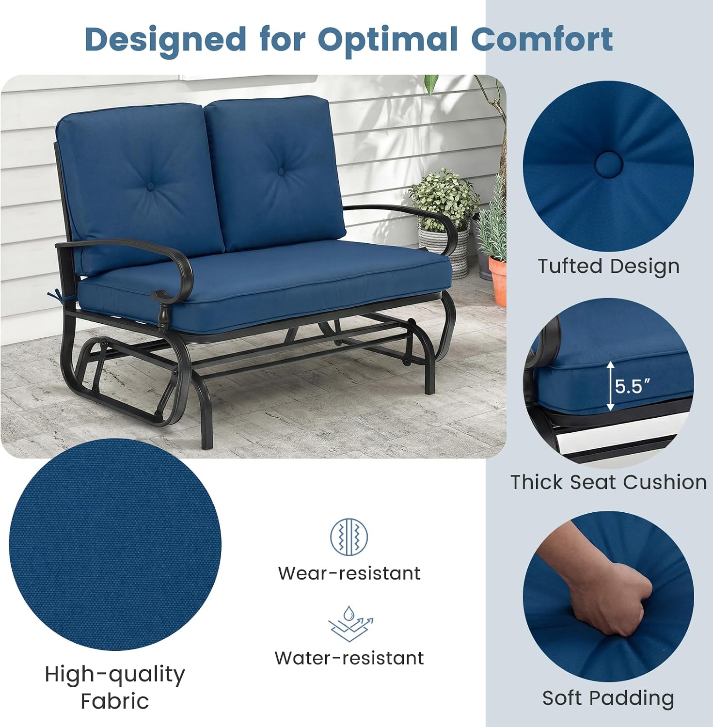 Tangkula Outdoor Swing Glider Chair, Patio Glider Bench for 2 Persons, Outdoor Rocking Loveseat with Steel Frame & Comfortable Cushions for Garden, Porch, Balcony, Poolside (Navy Blue)