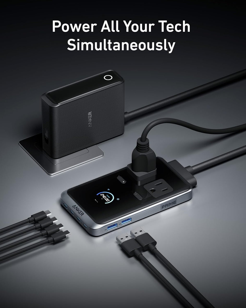 Anker Prime Power Bank, 9,600mAh Battery Pack with 65W Output, Built-in AC Plug with Anker Prime Charging Station, 240W 8-in-1 USB C Power Strip, 5 ft Detachable Extension Cord, 2 AC, 4 USB C, 2 USB A