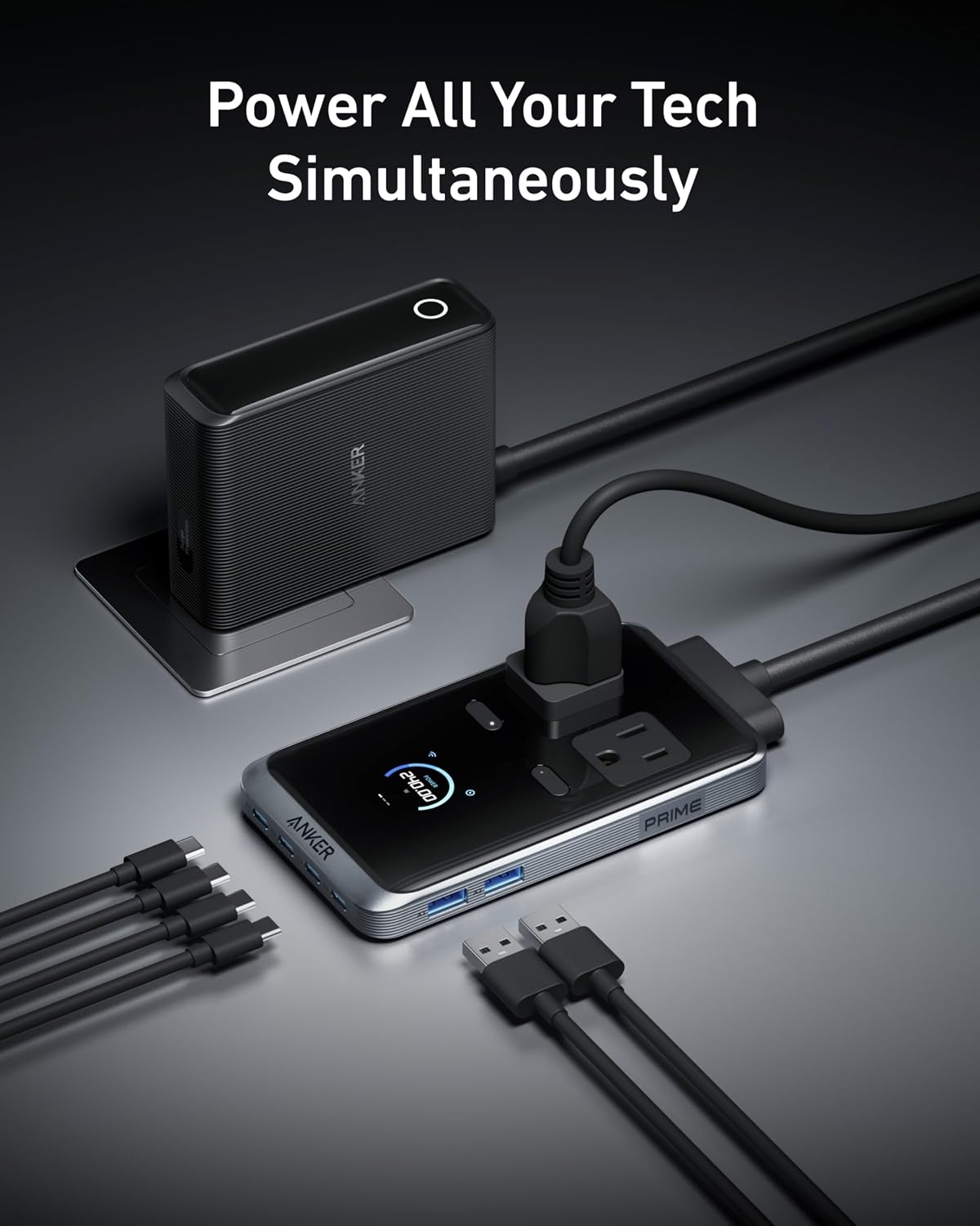 Anker Prime Power Bank, 9,600mAh Battery Pack with 65W Output, Built-in AC Plug with Anker Prime Charging Station, 240W 8-in-1 USB C Power Strip, 5 ft Detachable Extension Cord, 2 AC, 4 USB C, 2 USB A
