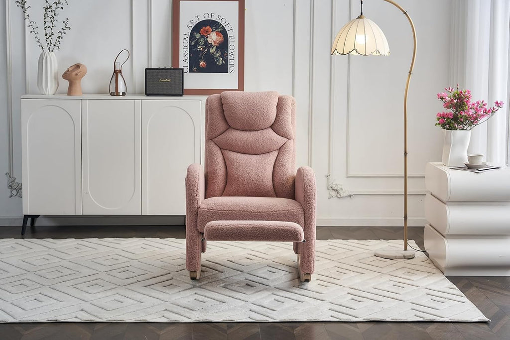 Rocking Chair with Foot Rest, Nursery Glider Teddy Gliding Rocking Chair with Retractable Footrest Rubber Wood Legs Side Pocket High Back & Wide Seat Nursing Chair for Living Room (Pink)