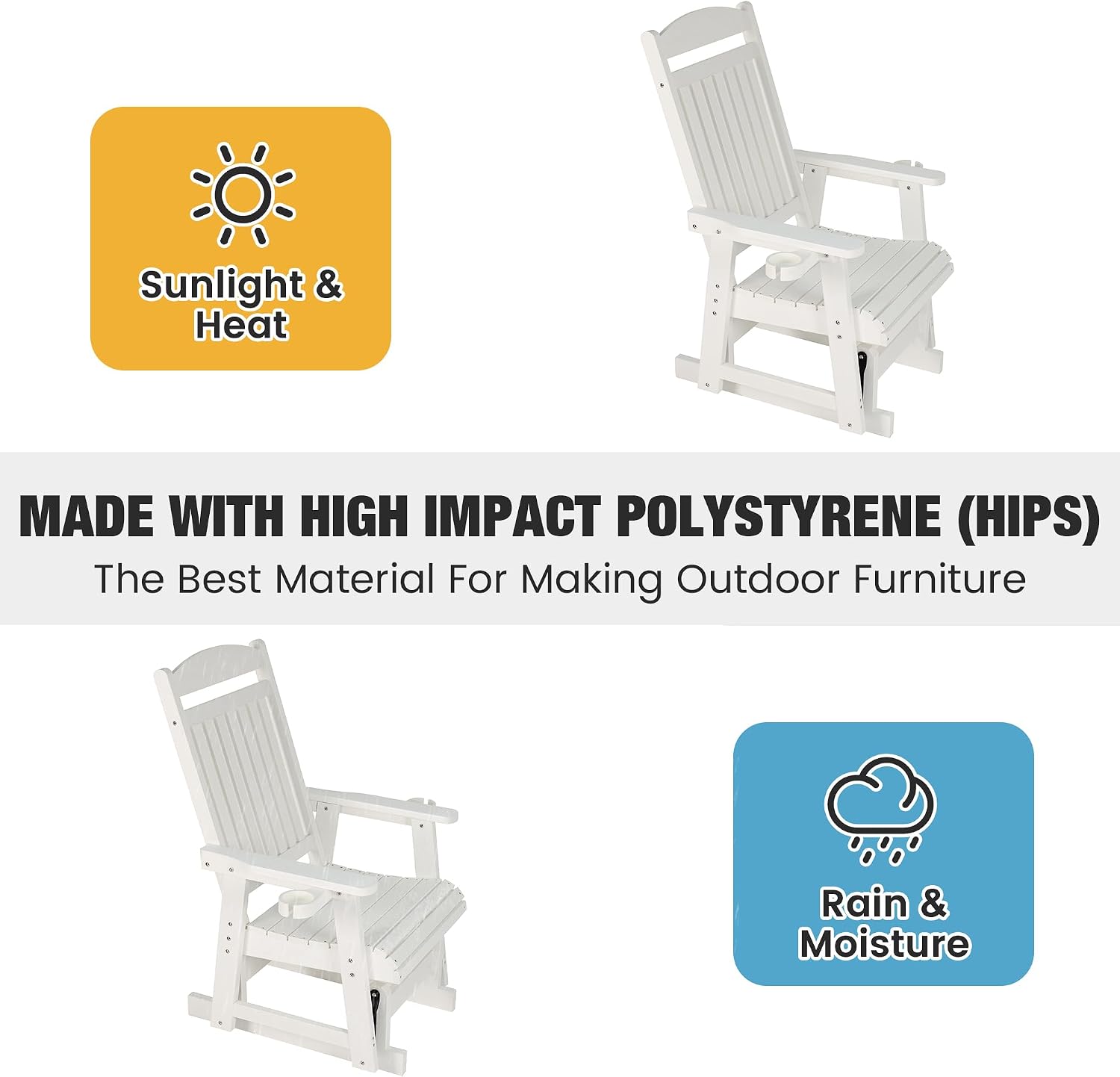 Poly Lumber Patio Glider for One Person, with Cup Holders, High Backrest and Deep Contoured Seat, HIPS Material, All-Weather Resistant, Heavy Duty 700 LBS (Ivory White)
