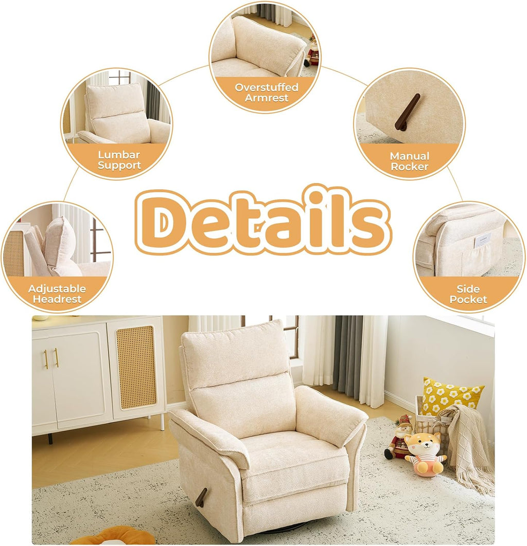 Oversized Swivel Rocker Recliner with Adjustable Headrest, Rocking Chair Nursery with Overstuffed Armrest, Manual Rocker Recliner Nursery Chair for Living Room,Beige