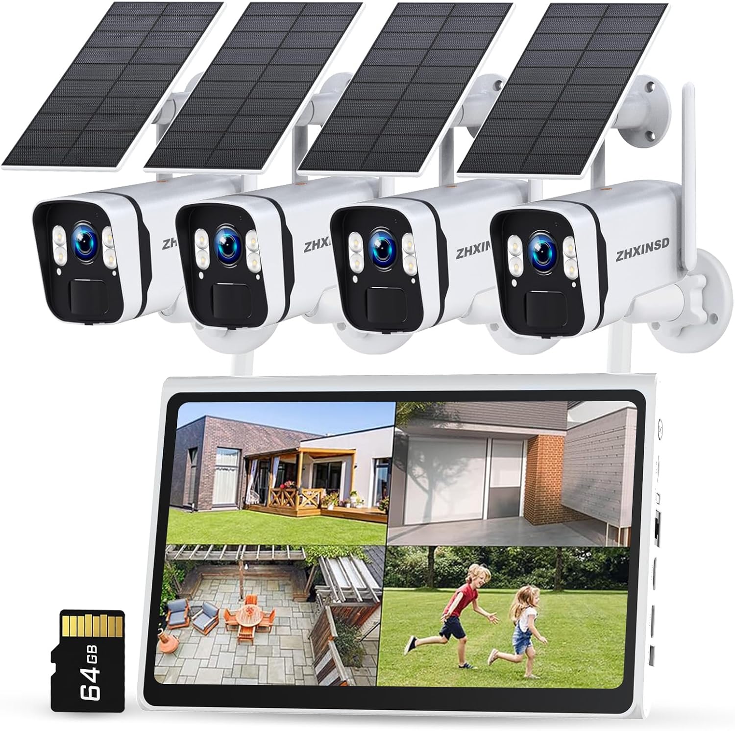 Solar Security Cameras Wireless Outdoor: 2.5K/4MP UHD Battery Solar Powered Home Security Wifi System with 10' LCD Monitor, 10CH NVR Color Night Vision Smart Motion Alert 2-Way Audio 64GB Storage