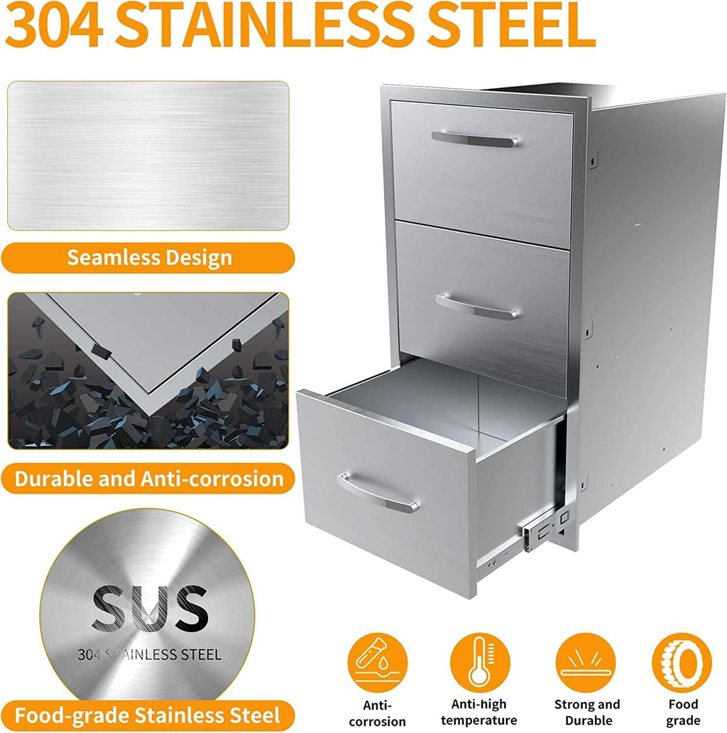 Outdoor Kitchen Double Drawer - Stainless Steel Access Drawers for BBQ Island or Grilling Station, Horizontal Mounting, 17W x 30H x 21D Inch