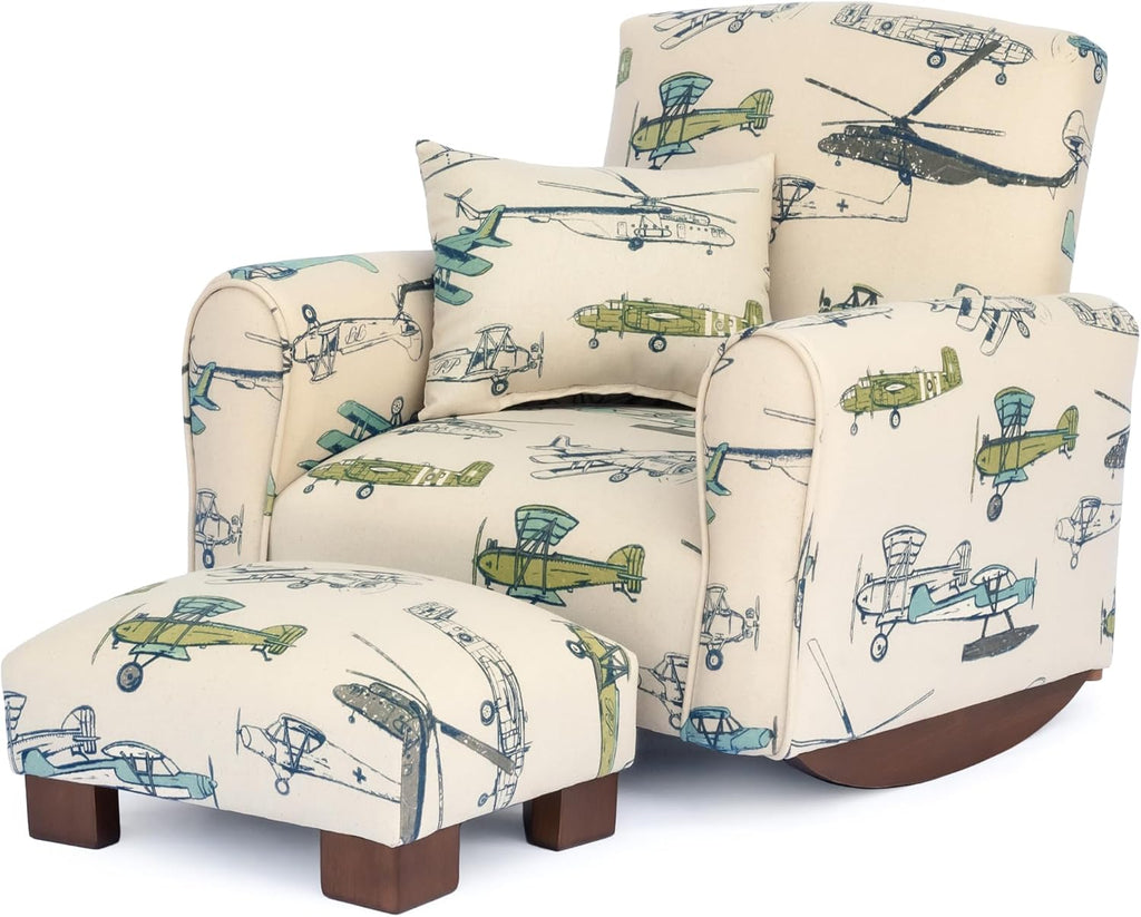 Toddler Personalized Armchair, Kids Upholstered Rocking Chair with Personalization, Toddler Chair with Personalized Name, Comfy Child Armchair, (Airplanes Print, Rockers)