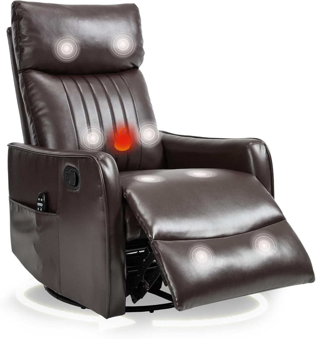 cinkehome Swivel Rocker Recliner, Glider Rocker Recliner Chair for Nursery, Manual Reclining Chair with Heated Massage, Small Spaces, Living Room, Faux Leather Brown