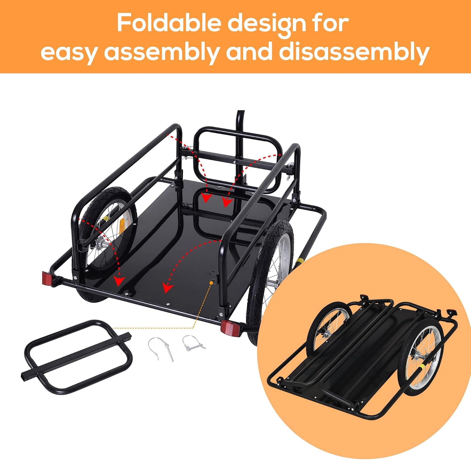 Aosom Bike Cargo Trailer, Bicycle Trailer, Heavy-Duty Bike Wagon Cart, Foldable Compact Storage, with Universal Hitch, 16' Wheels, 88 lbs. Capacity, Black