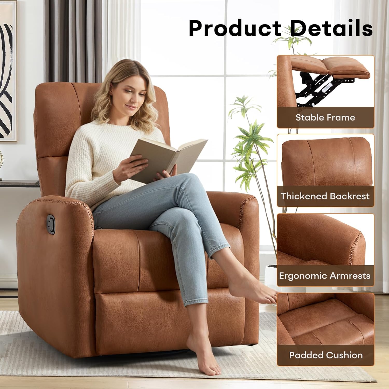 HAOMARKETS Swivel Rocker Recliner Chair, Manual Faux Leather Glider Rocking Recliners for Adults, 360° Swivel Nursery Reclining Sofa with Padded Backrest for Living Room, Dark Brown