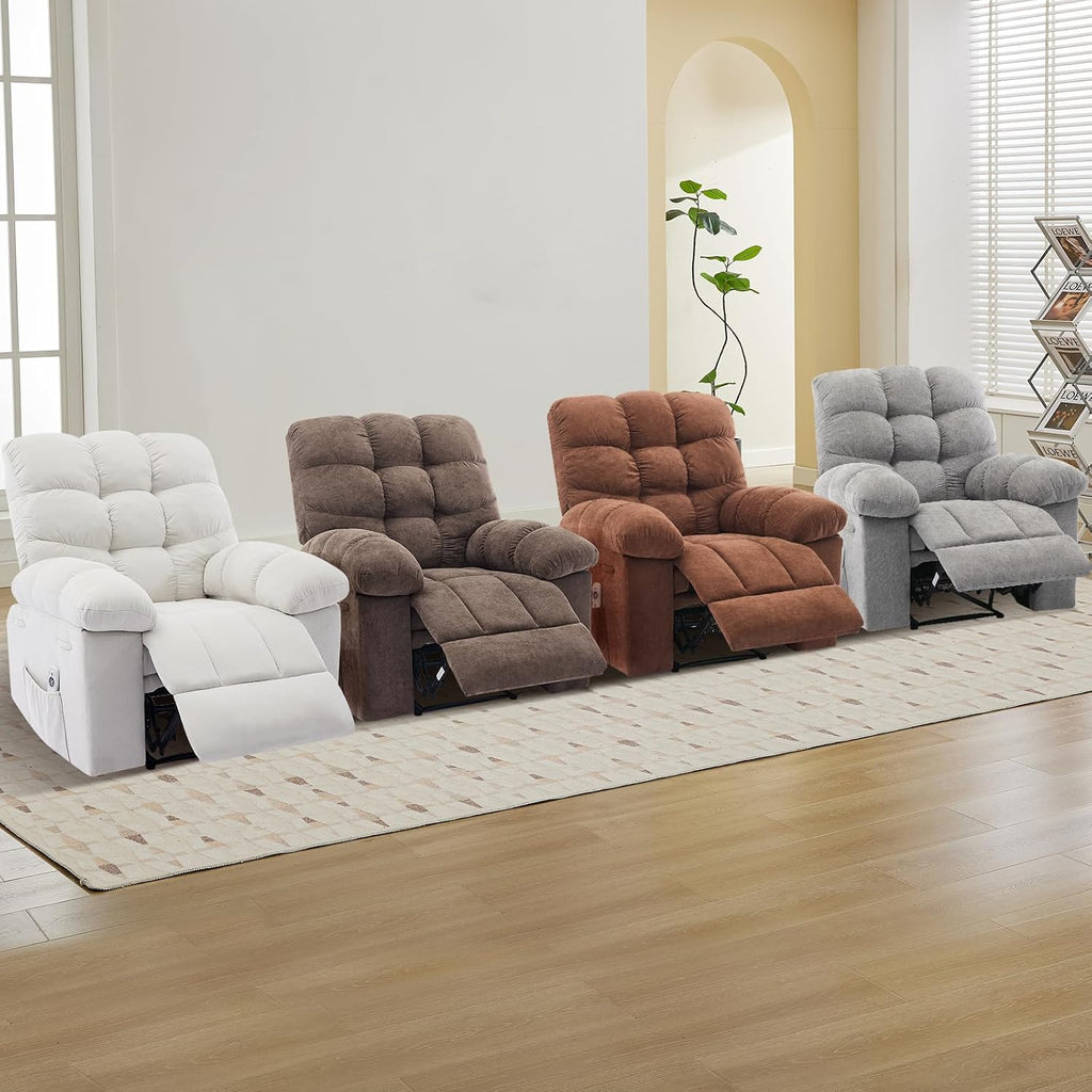 Recliner Rocking Chair with Massage & Heat, Wide Overstuffed Fabric Recliner with Breathable Upholstery, Ergonomic Design, 2 Side Pockets & Remote Control for Living Room or Bedroom (Darkbrown)