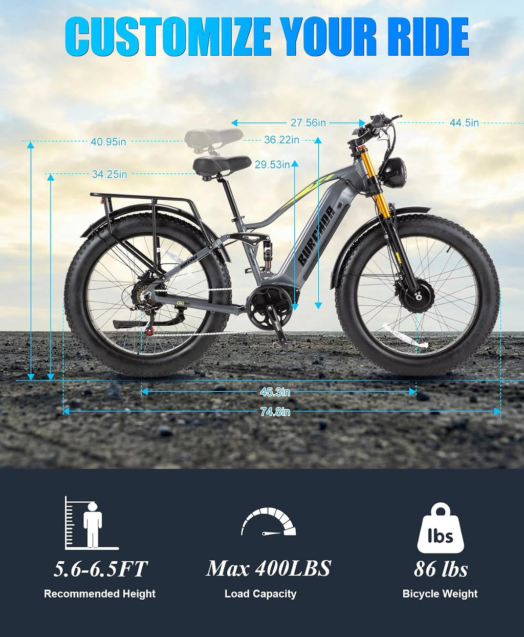 2026 Dual Motor Electric Bike for Adults AWD 5000W/3000W Peak 40 MPH/30 MPH E Dirt Bike, 52V/48V Removable Battery 65/80/150 Miles Max Long Range with Full Suspension 26' Fat Tires Mountain Bike