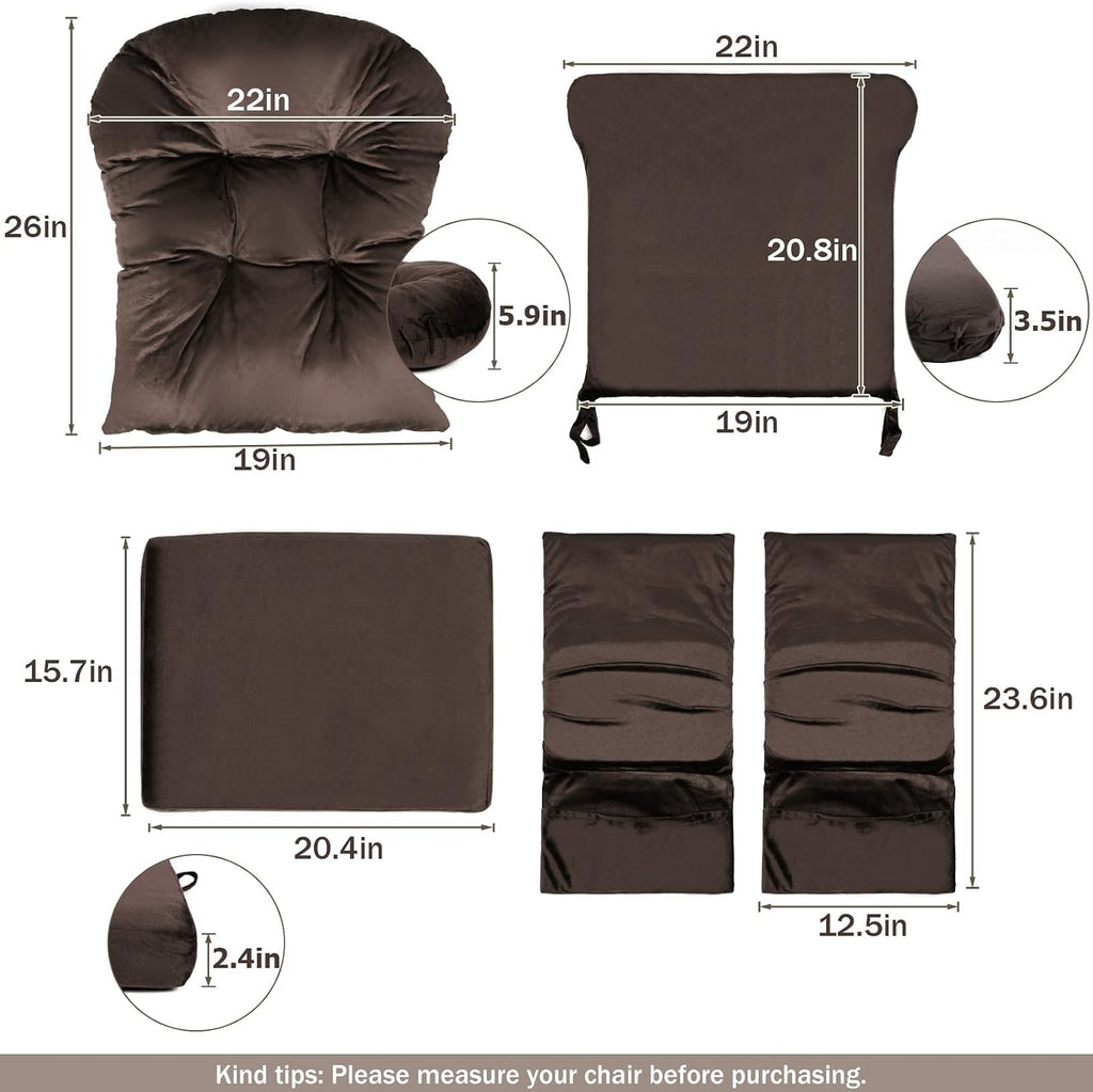 5PCS Glider Rocker Replacement Cushions Thick Soft Velvet Glider Cushions Replacement Set with Ottoman Cushion and Storage Pockets for Nursery Wooden Rocking Chair, Brown