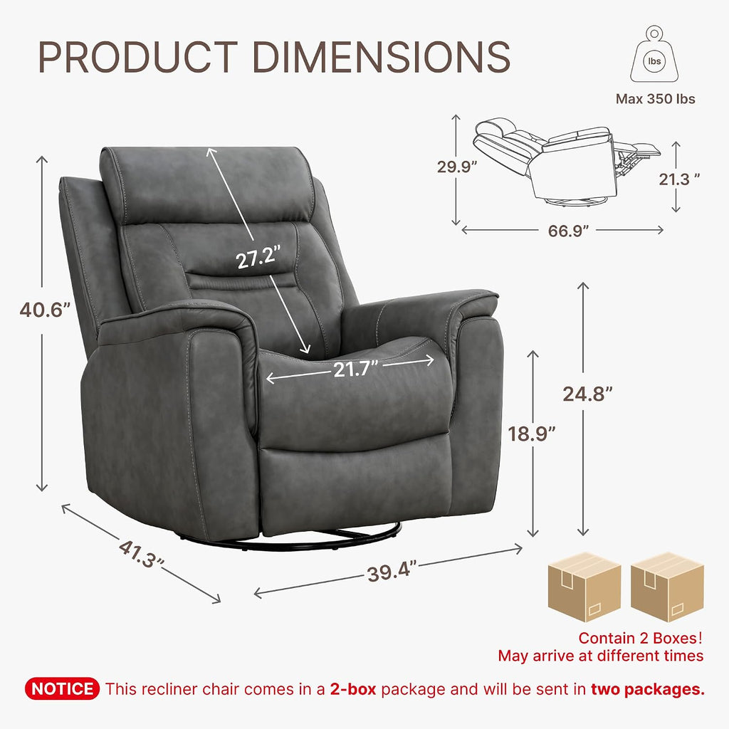 KISLOT Leather Recliner Chair, 360° Swivel Rocker Faux Leather Manual Recliner with Adjustable Backrest & Footrest Ergonomic Single Lounge Chair for Living Room, Bedroom, Home Theater