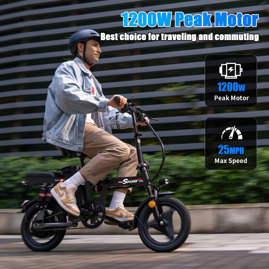 AZHAR Foldable Electric Bike for Adults Teens, 1200W Peak Motor, Up to 25 MPH, 45 Miles PAS Range, Dual Suspension, 14' Tires, 3-Speed Modes, Compact & Portable Electric Mini Bike, Commuting Ebike