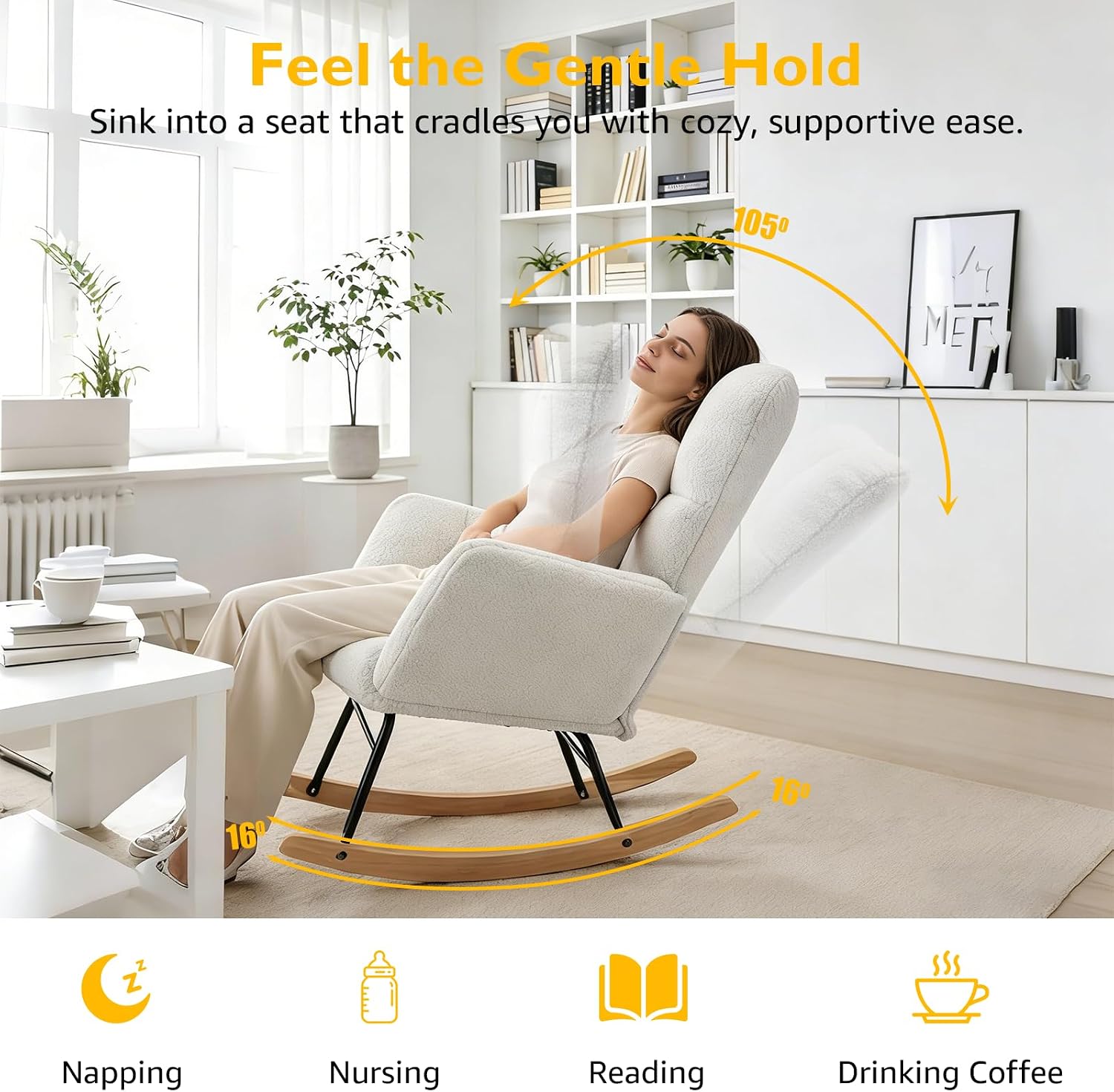 Teddy Glider Rocker Chair, Upholstered Rocking Chair for Nursery, Accent Chair with Headrest/Side Pocket, Comfy Baby Rocker Armchair & Adult Rocking Chair (Teddy, White Without Headrest, Single)