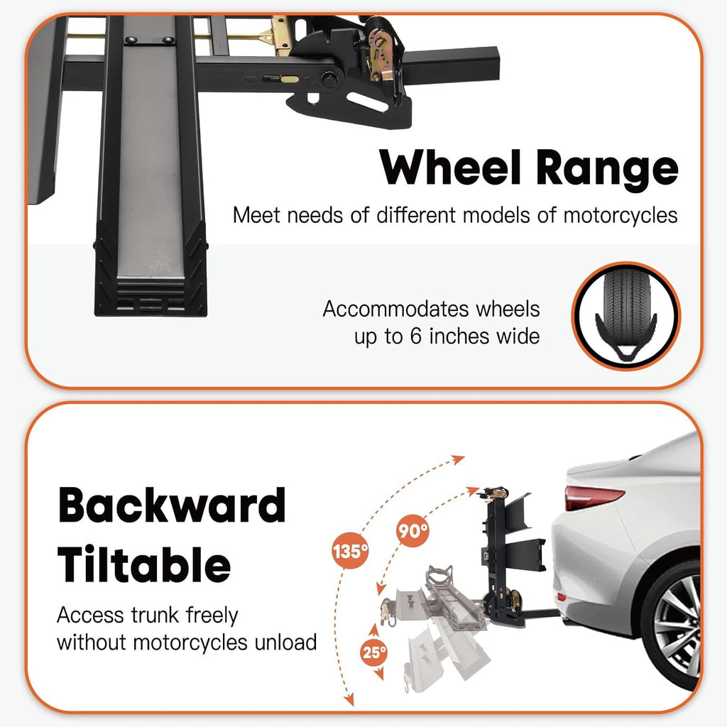 CRAVOT Motorack M1 Max Motorcycle Hitch Carrier with Ramp, 660 lbs Capacity Motorbike Carrier, Foldable Hauler Hitch Mount Rack Anti-Rattle Up to 6-inch Fat Tire 2' Receiver