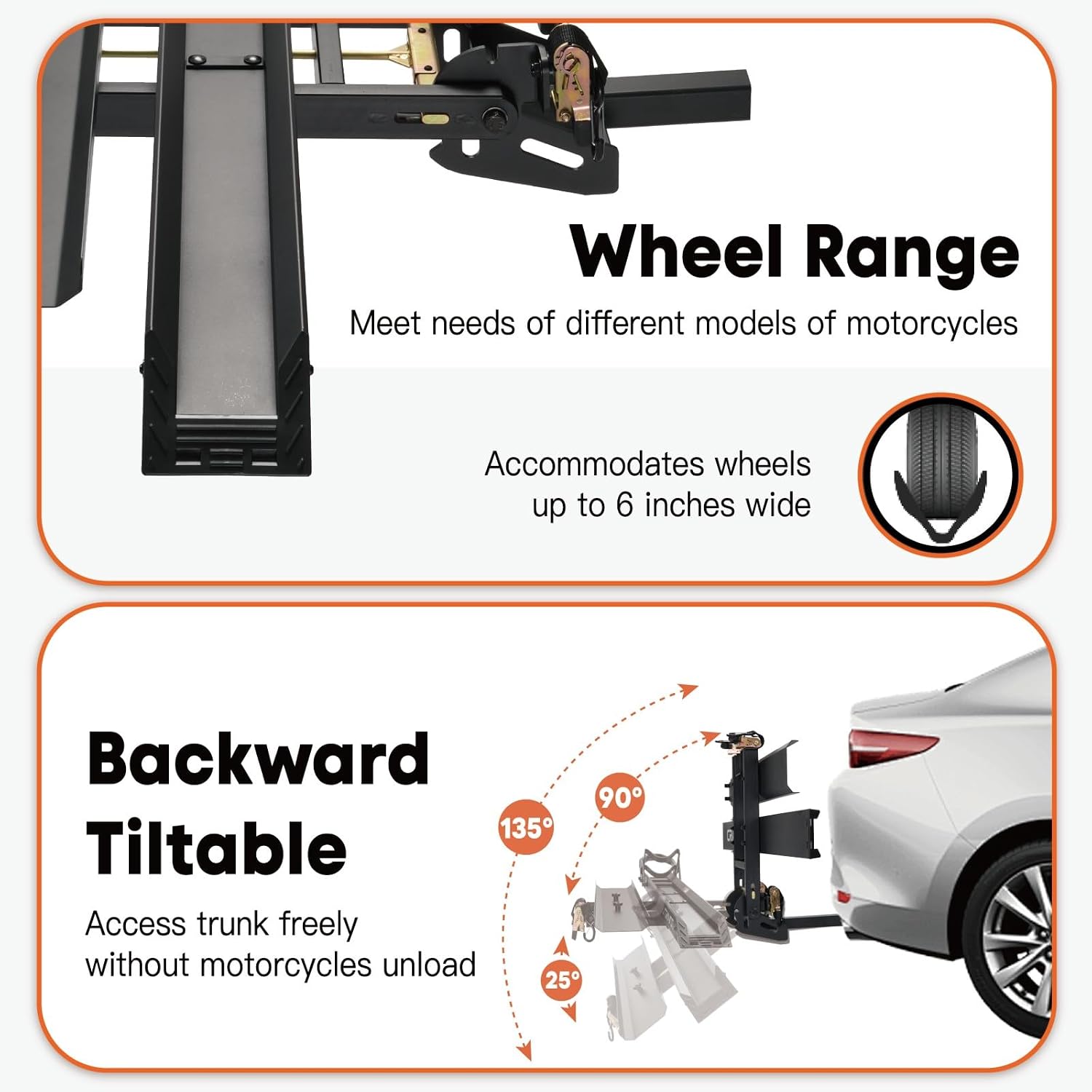 CRAVOT Motorack M1 Max Motorcycle Hitch Carrier with Ramp, 660 lbs Capacity Motorbike Carrier, Foldable Hauler Hitch Mount Rack Anti-Rattle Up to 6-inch Fat Tire 2' Receiver