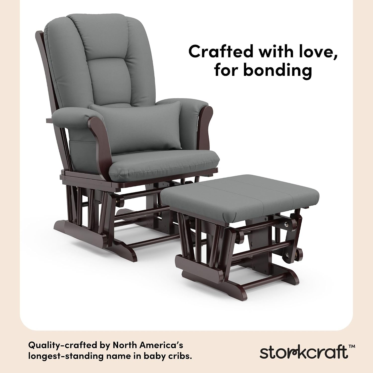 Storkcraft Tuscany Custom Glider and Ottoman with Free Lumbar Pillow (Espresso/Grey) - Cleanable Upholstered Comfort Rocking Nursery Chair with Ottoman