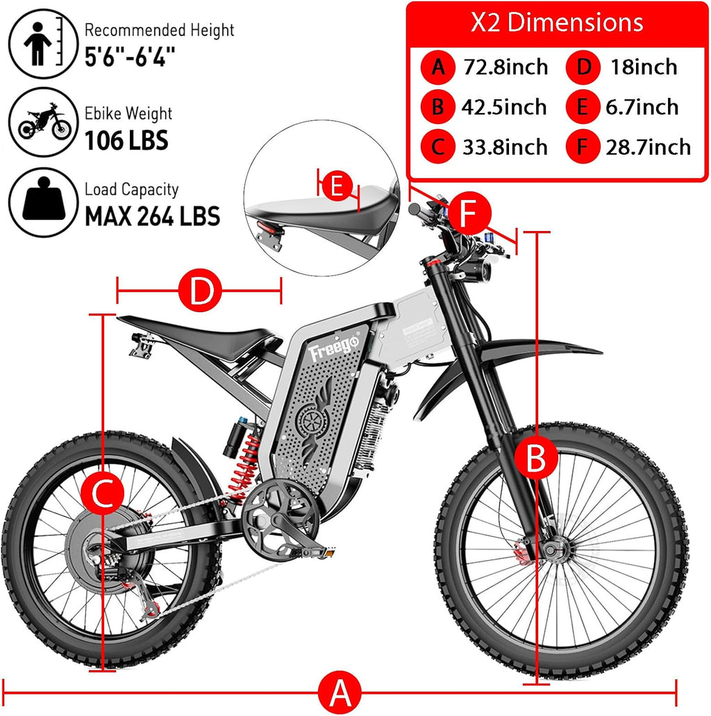 Freego Electric Motorcycle Bike for Adults Teen, X2 Electric Dirt Bike 6000W(Peak) Motor 60V/30Ah Removable Battery, 50MPH Off Road Electric Mountain Bike,19' x2 Tire, UL 2849 Certified