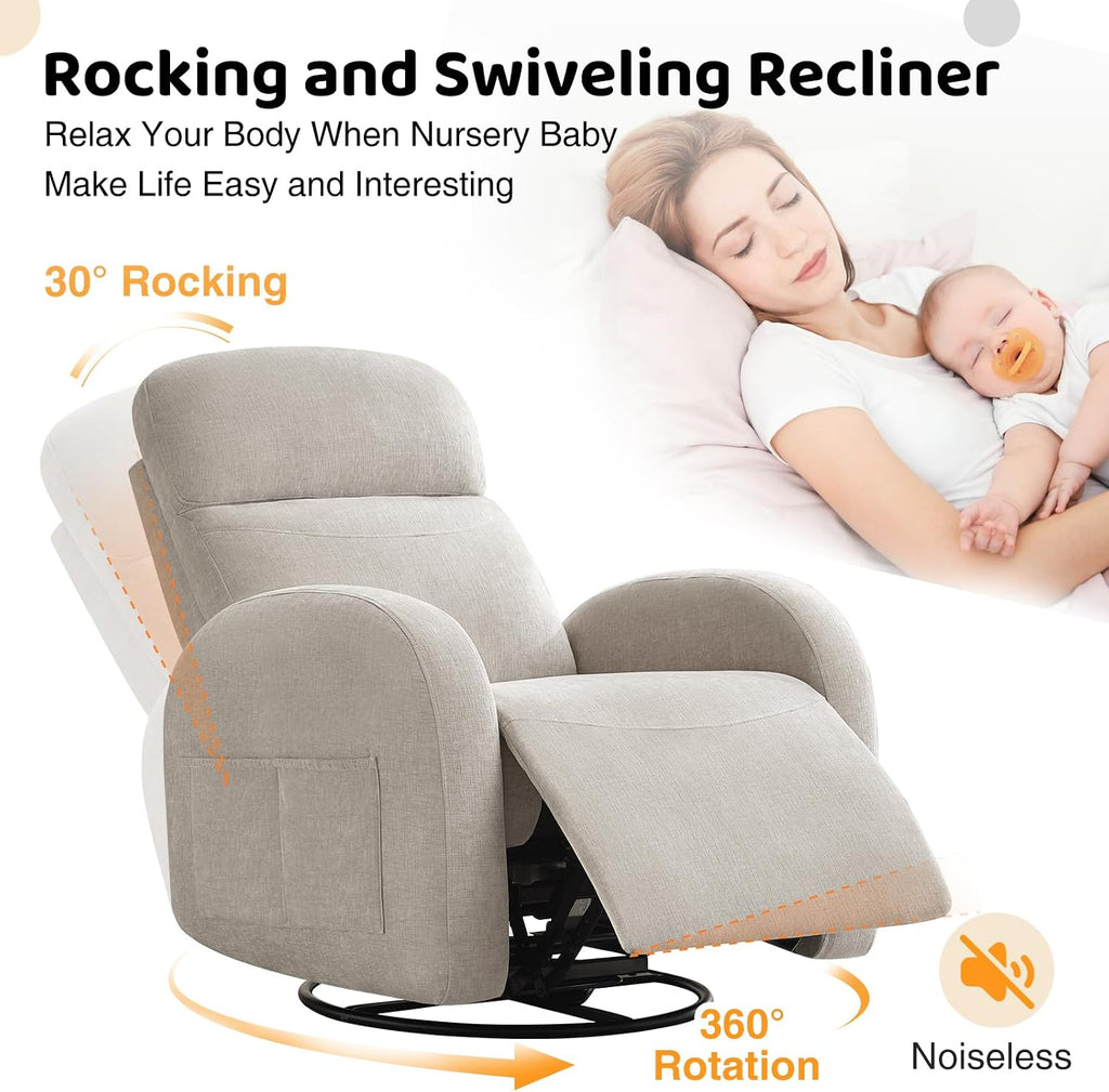 Manual Swivel Rocker Recliner, Nursery Rocking Chair with Lumbar Support, Chenille Nursering Glider Recliners with Double Pockets for Living Room, Camel