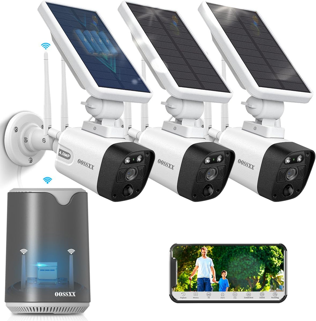 OOSSXX (2026 New) Solar Wireless Security Camera System, 4MP 3-Cam Kit with 4CH NVR, 2.4/5.8GHz Dual WiFi, 55% Longer Range Dual Antennas, 130° Wide Angle, No Fee App, IP65