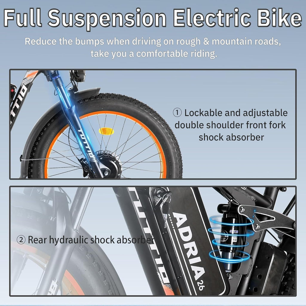 Tuttio-Adria26 6000W/5000W Peak Dual-Motor Ebike for Adults - 52V Fast Ebike, Long-Range Electric Bicycle, Full Suspension, 26 Inch Fat Tire Bike for Off-Road, Mountain, Snow, Hunting, Commuting