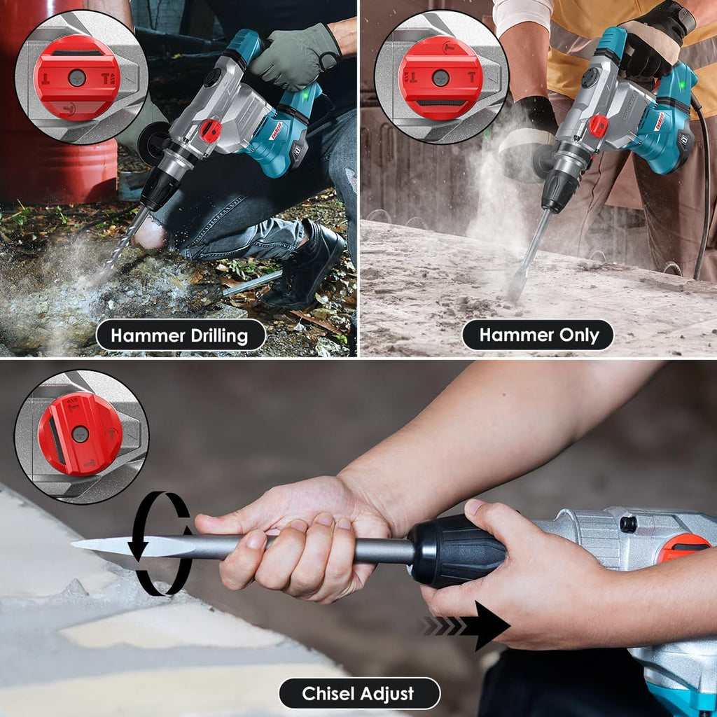ENEACRO SDS-Max Heavy-Duty Rotary Hammer Drill 9 Ft.lbs, 3 Functions with Safety Clutch & Vibration Control 1-9/16' Drilling Capacity in Concrete– Includes Chisel, Drill Bit, and Tool Bag