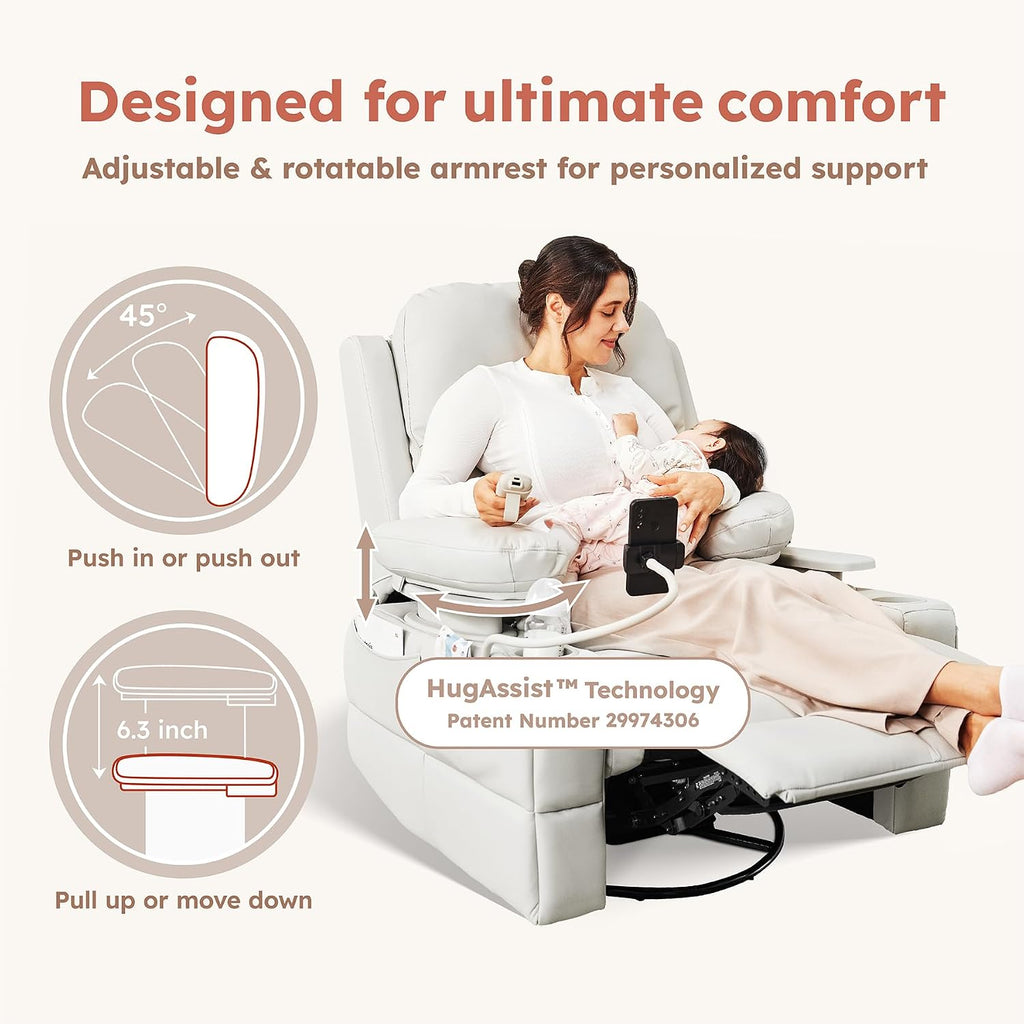 MAMAZING Lullapod Power Nursery Recliner Rocking Chair, Triple Motor Power Recliner with HugAssist Armrest, 270° Swivel Glider and Quiet Rocking Chair Nursery with Dual Charging Port and Storage
