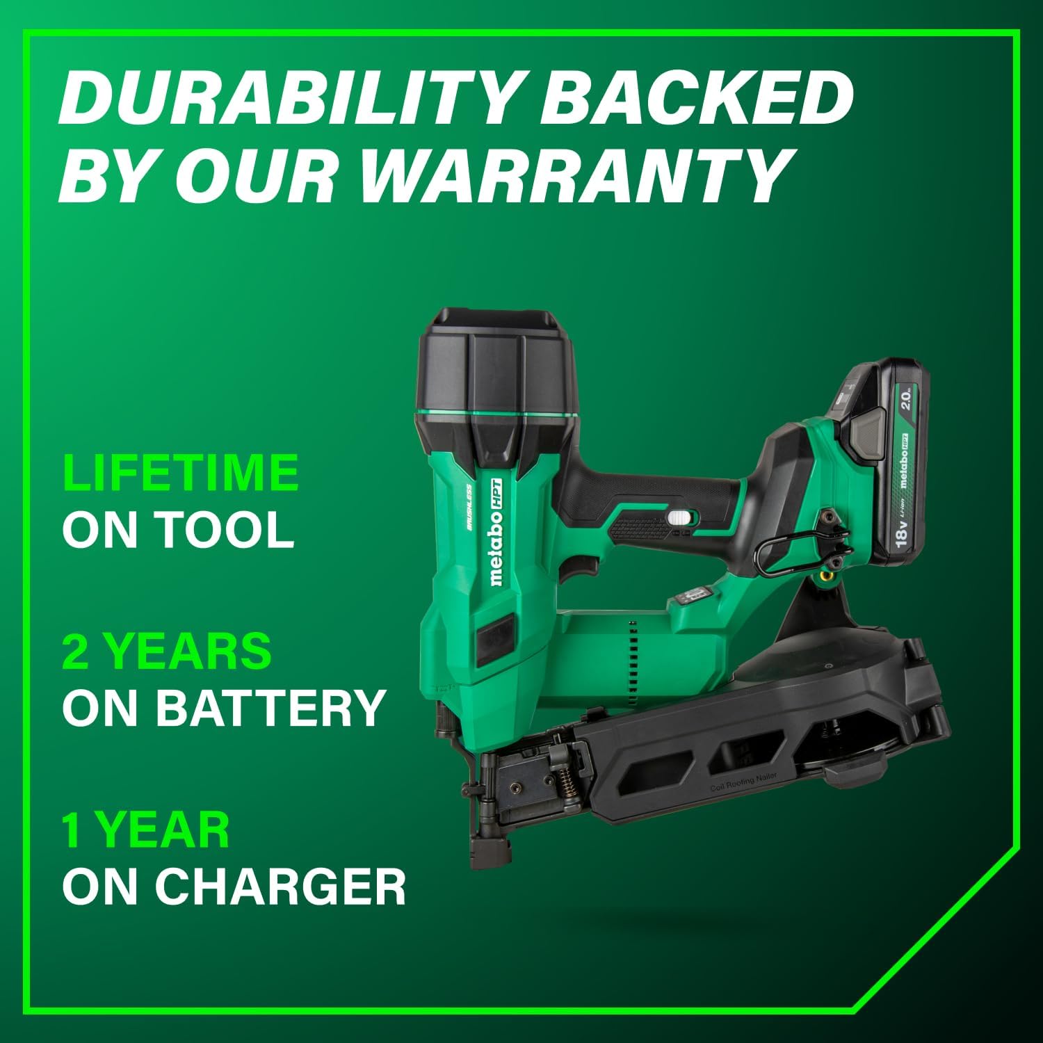 Metabo HPT 18V MultiVolt Brushless Cordless Coil Roofing Nailer Kit, 1-3/4' Coil Roofing Nailer with Power Tool 2.0Ah Lithium Ion Battery, Drives 7/8' to 1-3/4' Nails, NV1845DA