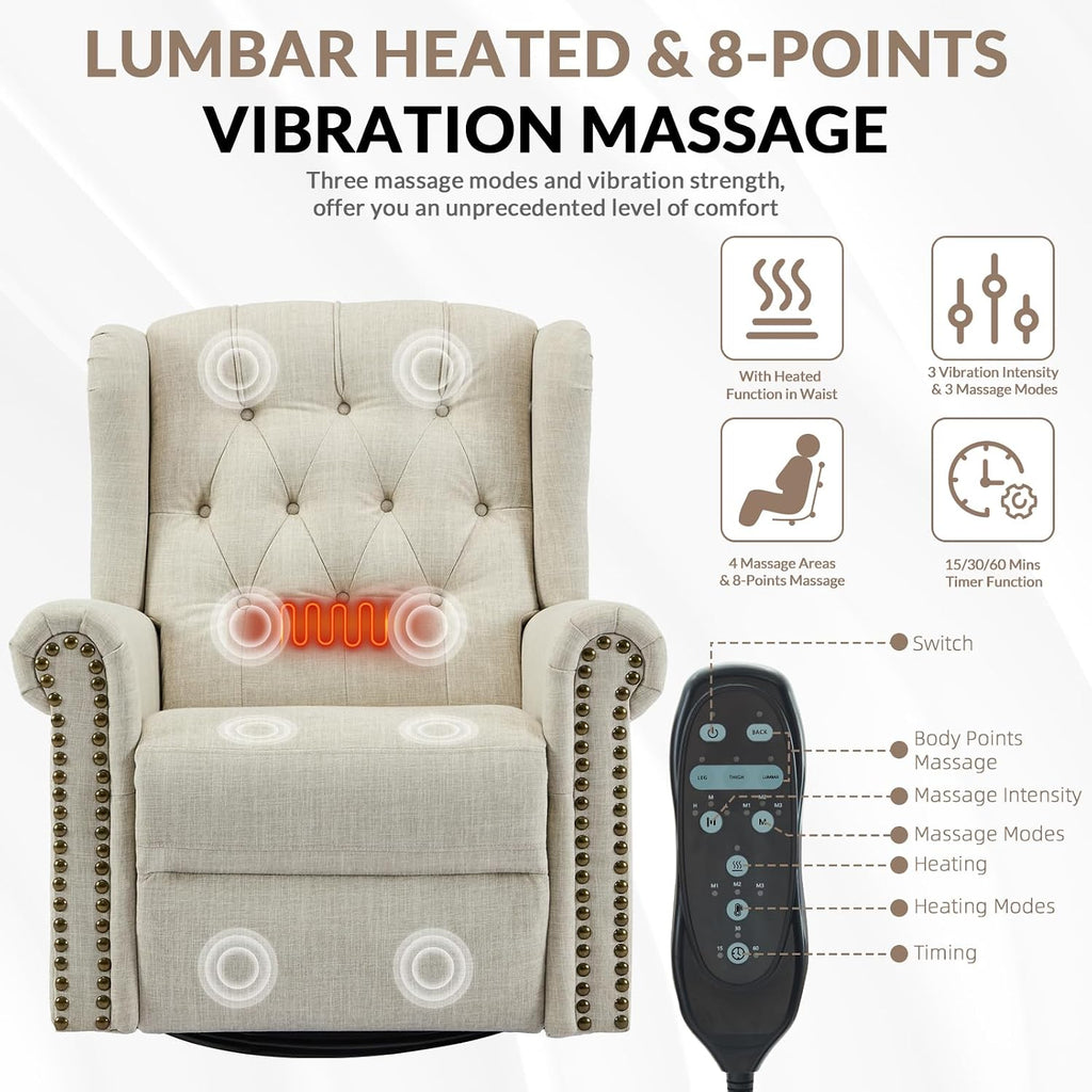 Power Swivel Rocking Glider Recliner Chair with Massage and Heat, Electric Nursery Glider Rocker for Living Room, Wingback Tufted Upholstered Recliner Chair with Type-C & USB Ports, Beige