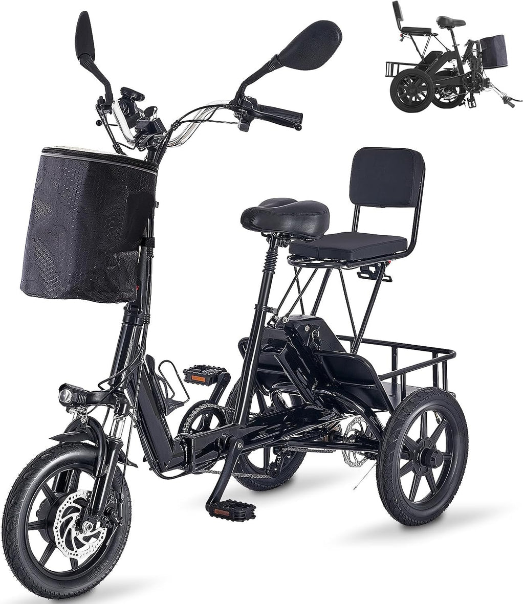 E Trike Electric Bike, 350W(Peak 500W) Brushless Motor Folding Trike, 2 Seats Ebike, 480Wh Removable Battery, Step-Thru 3 Wheel Electric Bicycle, Up to 45 Miles, Tricycle for Adults Parents