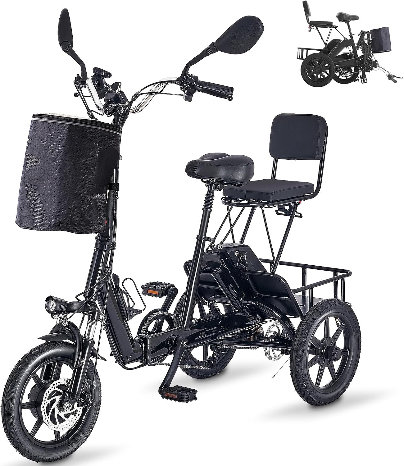 E Trike Electric Bike, 350W(Peak 500W) Brushless Motor Folding Trike, 2 Seats Ebike, 480Wh Removable Battery, Step-Thru 3 Wheel Electric Bicycle, Up to 45 Miles, Tricycle for Adults Parents