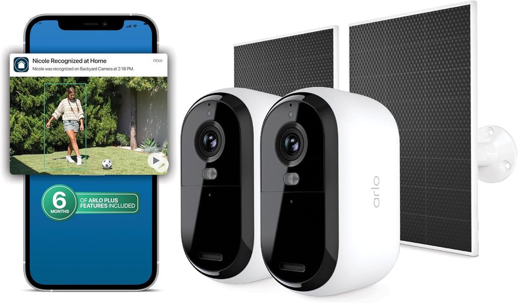 Arlo Essential Security Camera 2K (3rd Gen, 2025 Release) 2 Cam + 2 Solar Panels + 6 Months of Secure Plus Plan - Wireless Outdoor Camera, Battery Power, Person Recognition, Package Detection, White