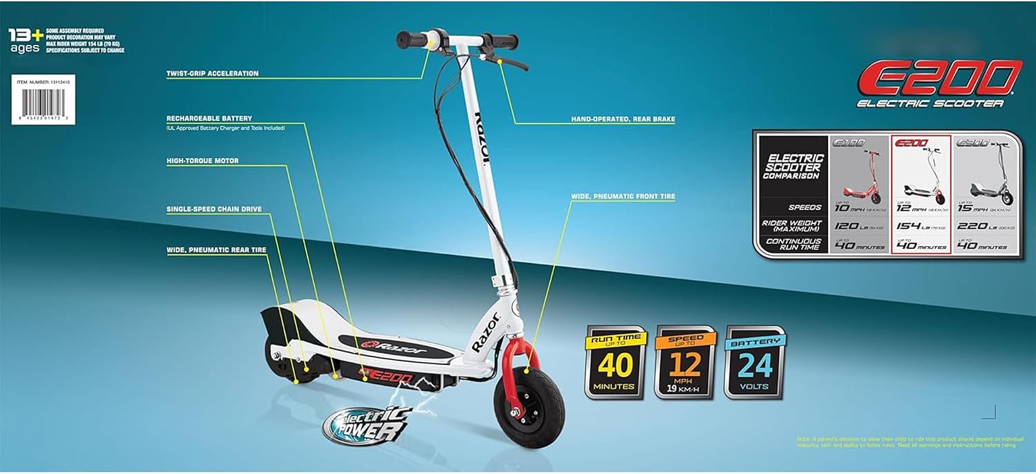 Razor E200 Electric Scooter for Teens & Adults - 12 MPH High-Torque Motor, 40 Min Ride Time, 154 lbs Max Weight, 8' Pneumatic Tires, Steel Frame, White