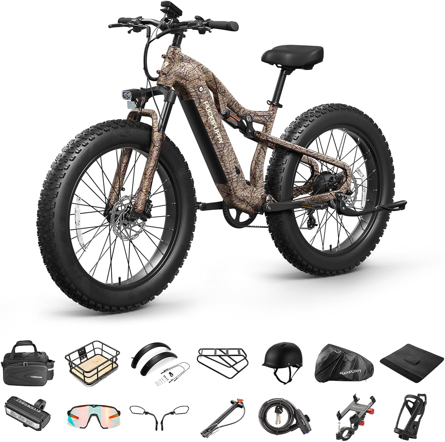PUCKIPUPPY Electric Bike for Adults 1350W Peak, 28 MPH, 48V 20AH Battery Ebike, 26'x4' Fat Tire Full Suspension Electric Mountain Bike, 80 Miles Range, 8 Speed, Torque Sensor Labrador Pro