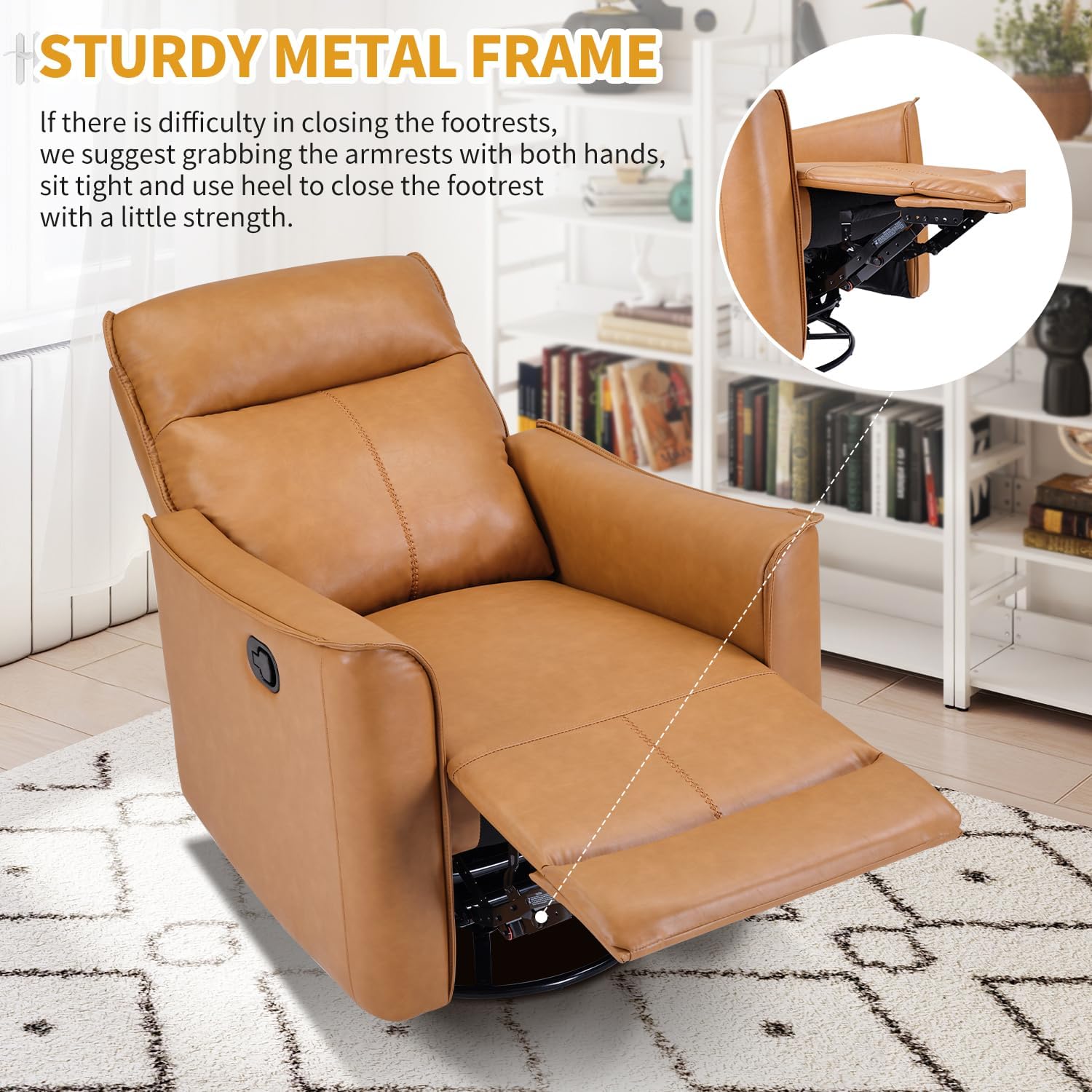 Swivel Rocker Recliner, Glider Rocking Chair, Nursing Chairs Swivel Glider Recliners with Soft Backrest, Leathaire Manual Reclining Sofa for Living Room Bedroom Apartment, Camel