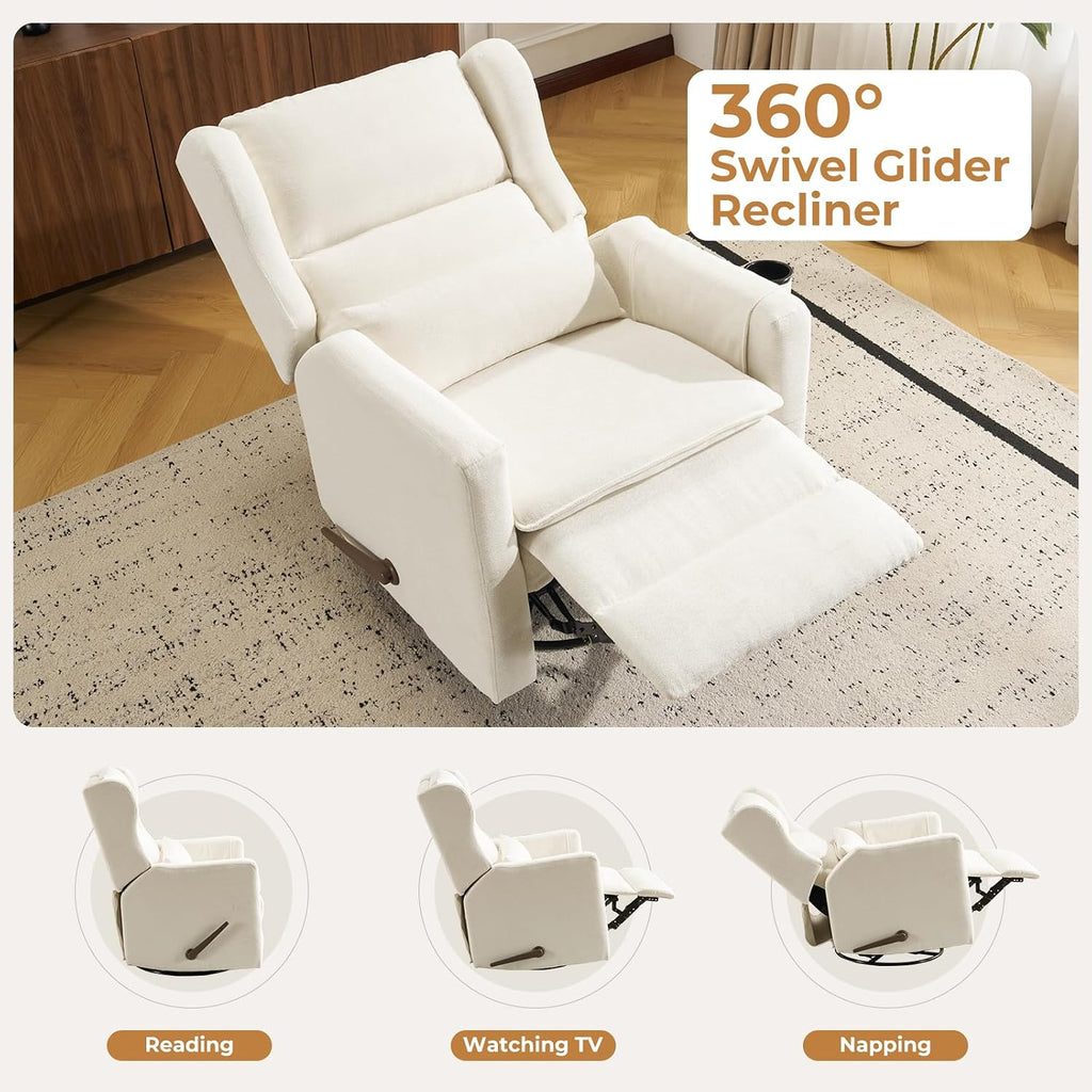 Large Glider Rocker Recliner,Rocking Chair Nursery with Adjustable Headrest,Swivel Rocker Recliner with Lumbar Support,Manual Nursery Rocker Recliner for Living Room& Bedroom,Chenille White