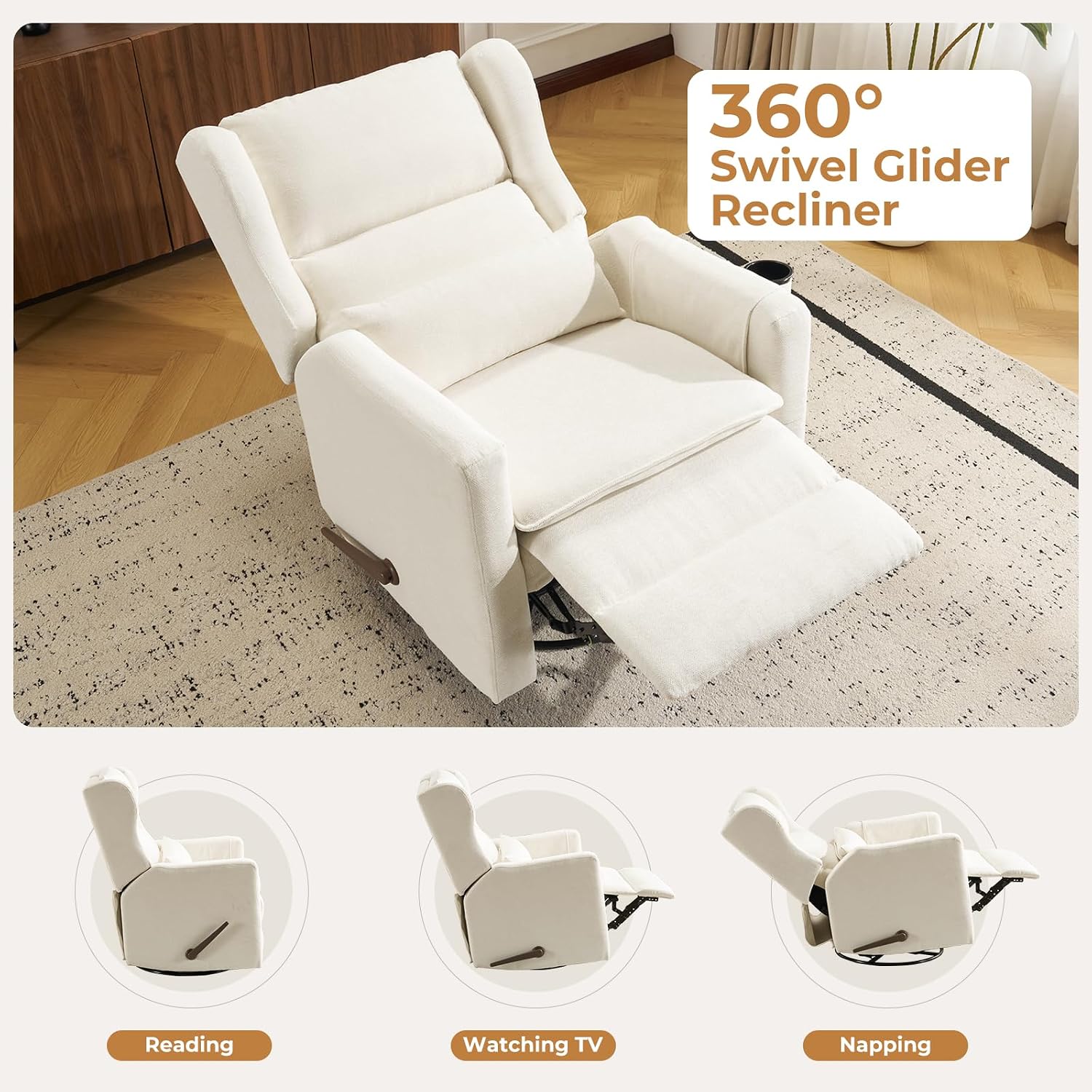 Large Glider Rocker Recliner,Rocking Chair Nursery with Adjustable Headrest,Swivel Rocker Recliner with Lumbar Support,Manual Nursery Rocker Recliner for Living Room& Bedroom,Chenille White
