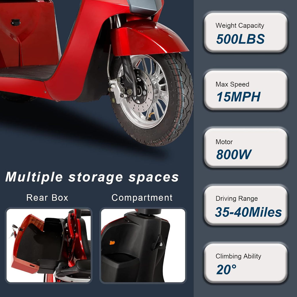 Heavy Duty 3 Wheel Mobility Scooters for Seniors & Adults 500lbs Capacity - Electric Powered Wheelchair Device - 800W All Terrain Fast Mobility Scooter for Outdoor w/Long Range Battery Romote Key