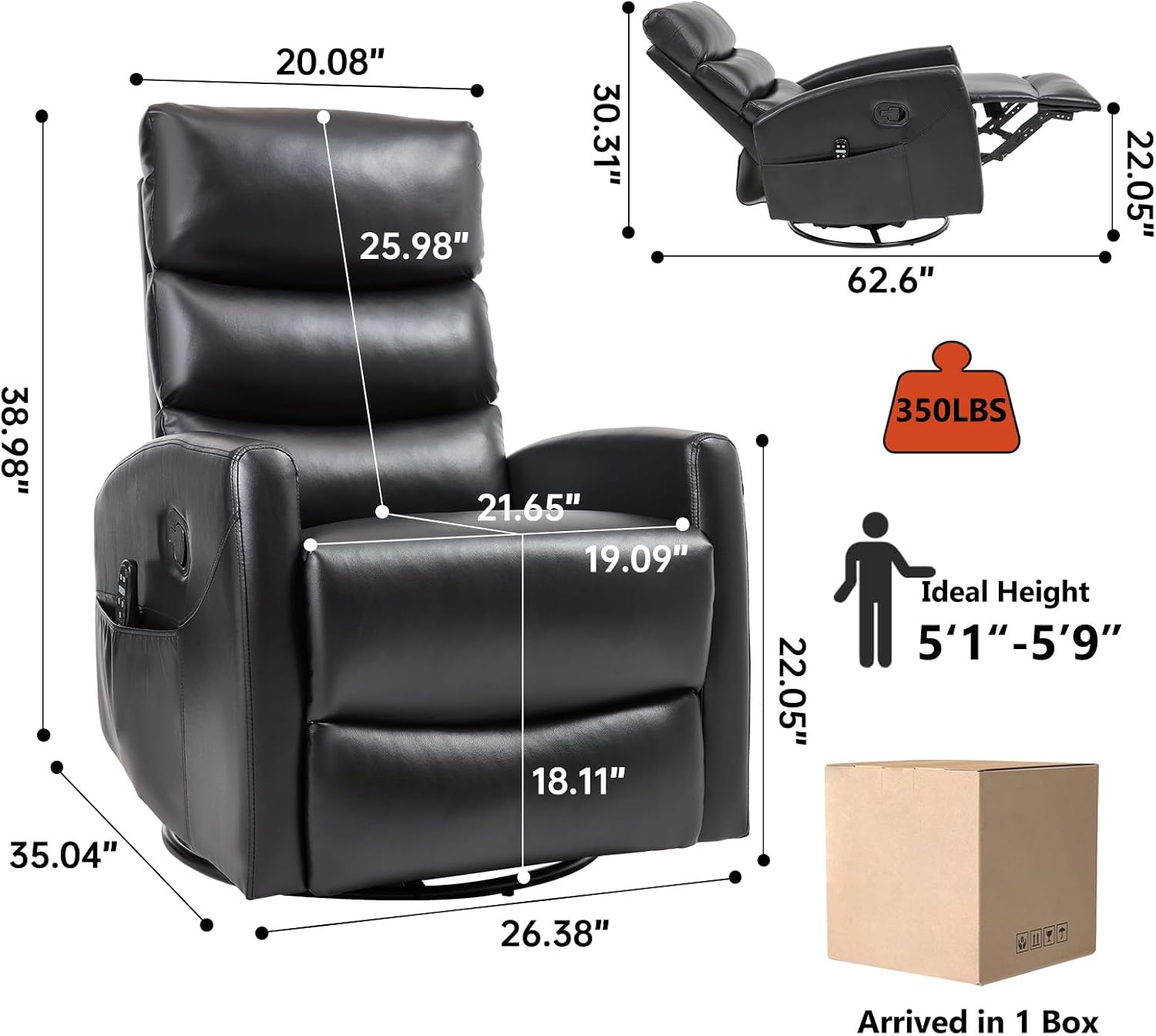 PELUMY 360° Swivel Rocker Recliner with Heat & Vibration Massage, Glider Rocking Chair for Adults, Compact Recliner for Living Room, Small Spaces, Nursery, Bedroom (Breathable Leather, Black)