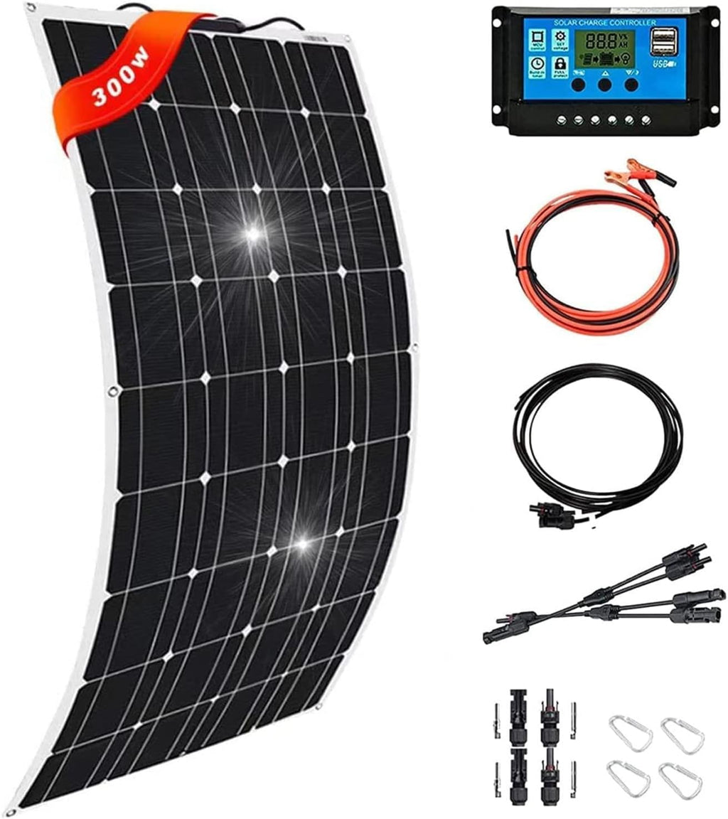 Portable Solar Panel 300W 600W 1200W, 18 Volt Solar Battery Charger for Boats, Up to 30 Degree Arc Ultra Thin USB Solar Charger, for RV, Yachts, Tent, Camper Van, Car, Trucks, Trailers,1x300W