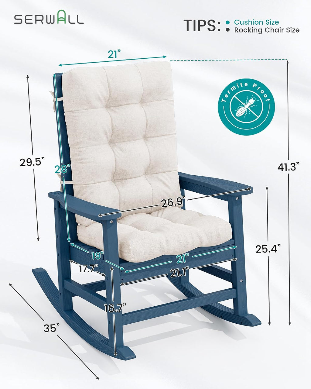 SERWALL SEWALL Oversized Outdoor Rocking Chair with Cushion, Patio Rocking Chairs for Porch, Blue HDPE Rocker+Beige Cushion