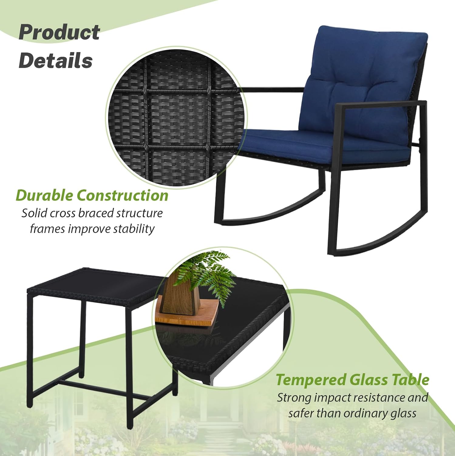 SUNCROWN 3 Piece Outdoor Rocking Bistro Set Black Wicker Furniture Porch Chairs Conversation Sets with Glass Coffee Table, Dark Blue
