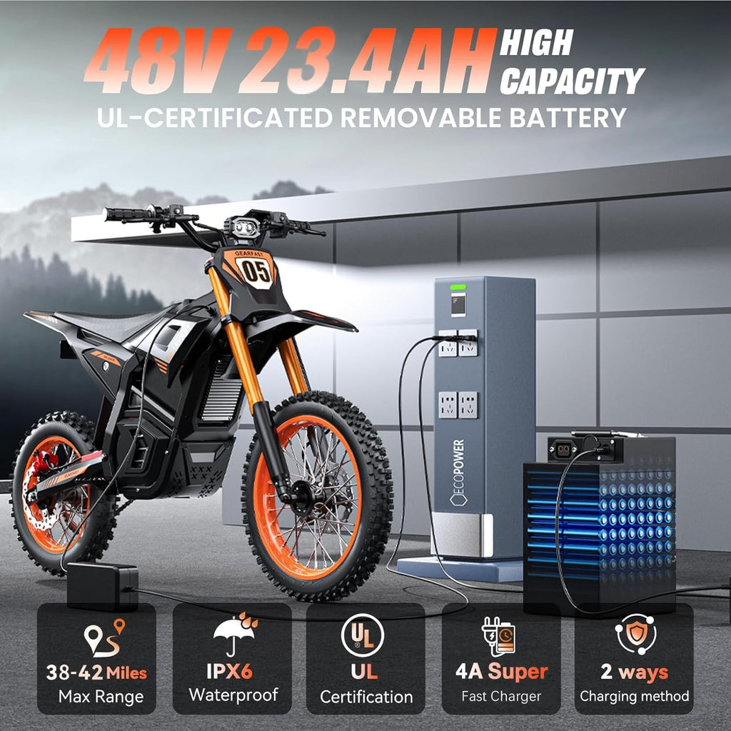 Electric Dirt Bike for Adults Teens, Peak 3000W, 36MPH&60 Miles Electric Motorcycle, 48V 21/23.4AH Removable Battery, Hydraulic Brakes&Full Suspension, 14'/12' Fat Tire, Mountain Off-Road