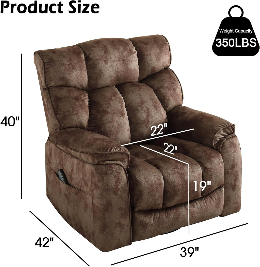 INZOY Oversized Rocker Recliner with Heat and Vibration, Manual Swivel Rocking Chair with Vibrating Massage, Comfy Padded Overstuffed Soft Fabric Heated Recliner, Brown