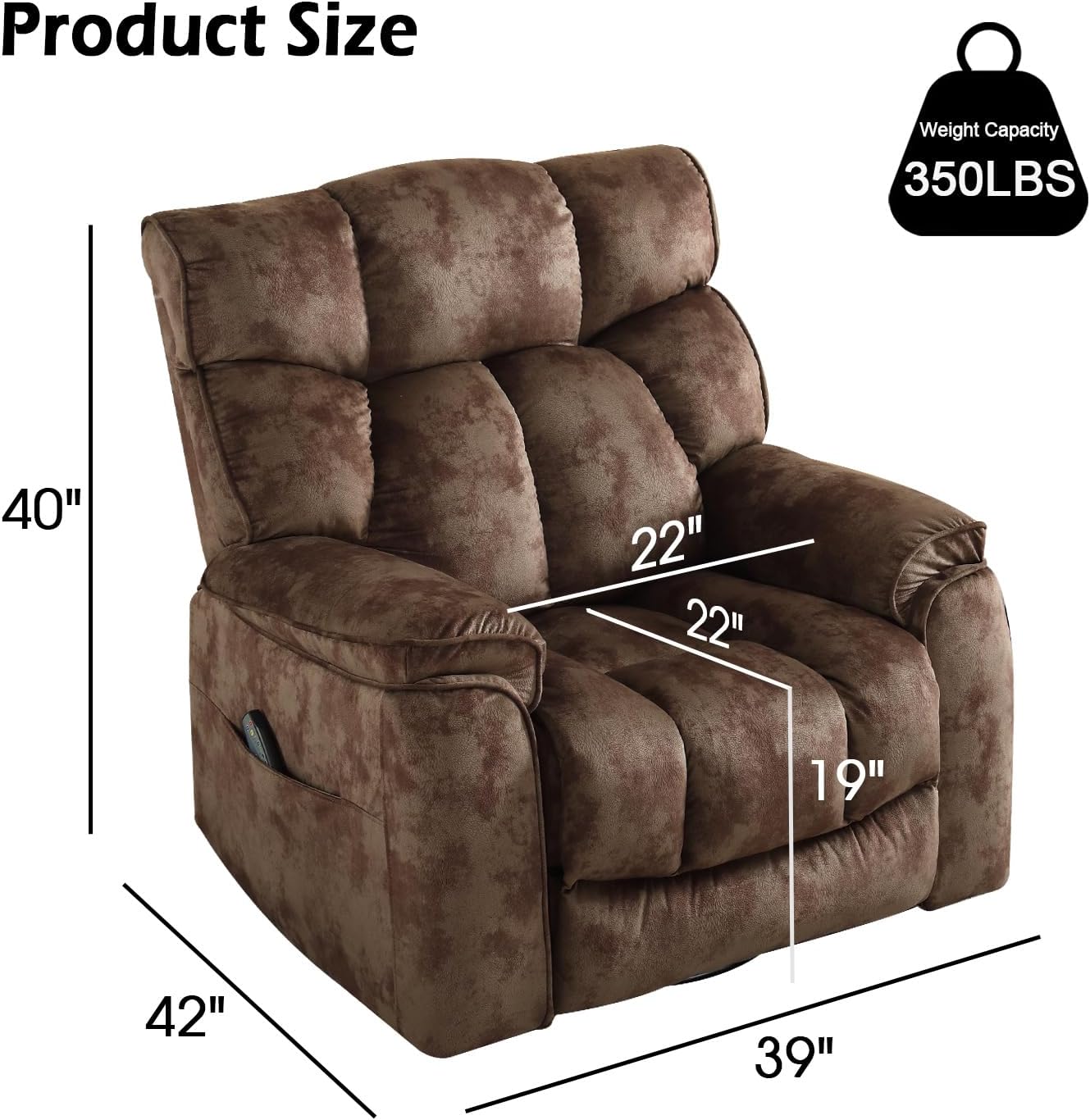 INZOY Oversized Rocker Recliner with Heat and Vibration, Manual Swivel Rocking Chair with Vibrating Massage, Comfy Padded Overstuffed Soft Fabric Heated Recliner, Brown