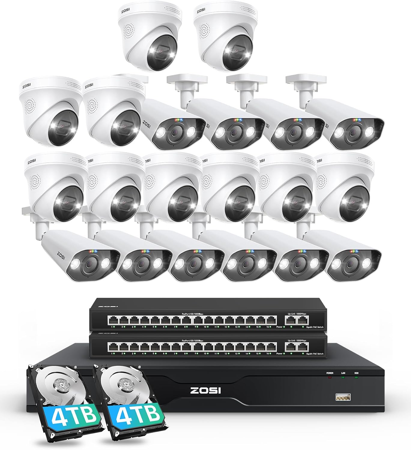 ZOSI 32CH 4K PoE Security Camera System, Face Person Vehicle Detection, 2 Way Audio, Spotlight Siren, 20pcs 8MP Outdoor Indoor IP Cameras, 32 Channel 4K NVR with 8TB HDD for 24/7 Recording