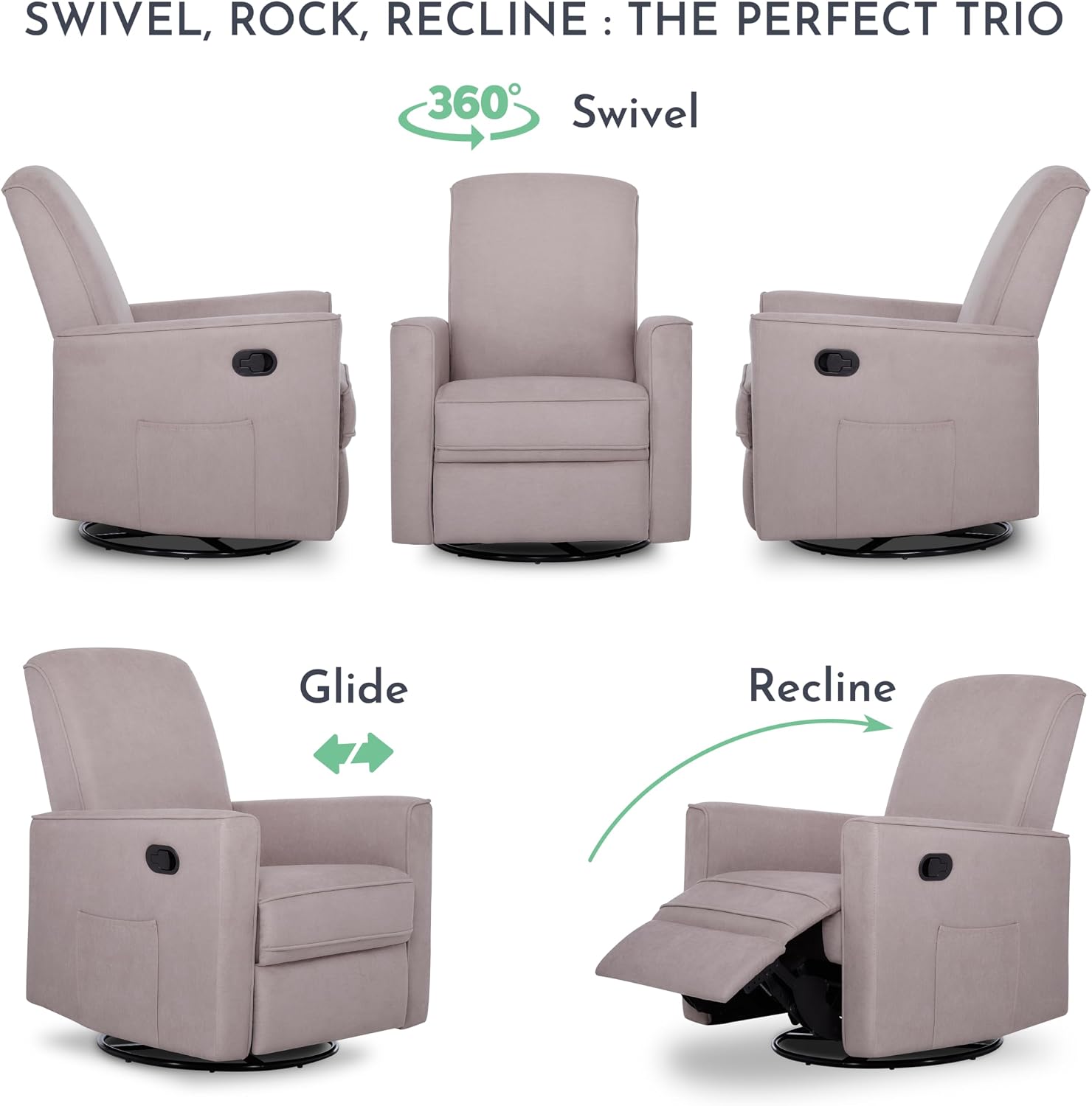 Evolur Raleigh Basic Glider, Recliner and Rocker in Lilac