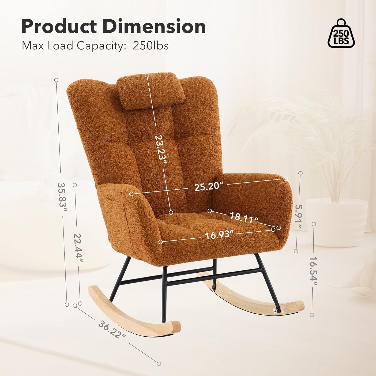 Rocking Chair Nursery Teddy with Pillow&High Backrest Armchair,Fabric Upholstered Accent Chair Nursing Chairs for Living Room, Bedroom,Brown