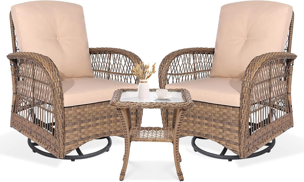 VIVIJASON 3-Piece Outdoor Conversation Bistro Set, Patio Swivel Glider Rocking Chairs Rattan Furniture Sets w/ 2 Rattan Chairs, Cushions, Glass Top Side Table for Porch Backyard, Light Brown